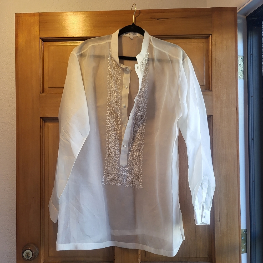 White Silk Barong Tagalog with Classic Embroidery XL